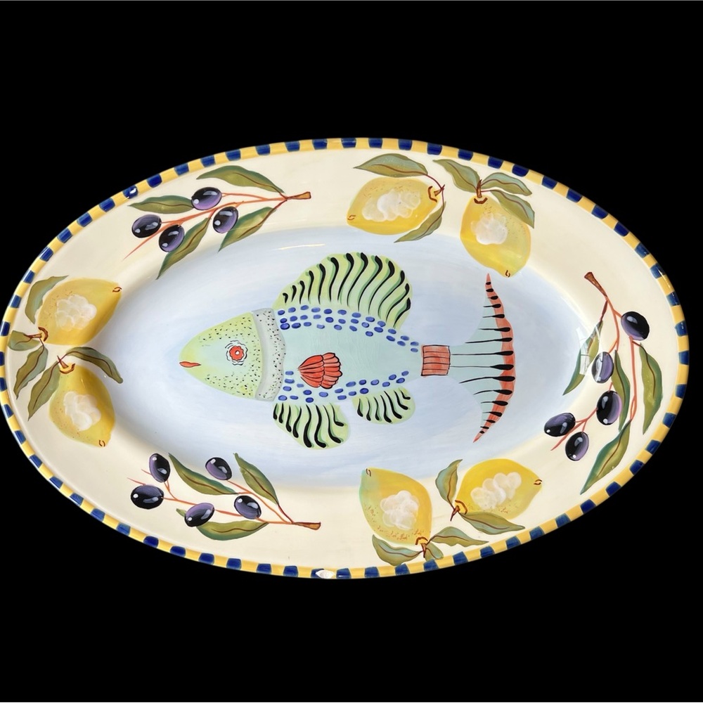 Zrike Pesces Ceramic Oval Serving Platter, 18" x 11.75", Fish Lemons Olives